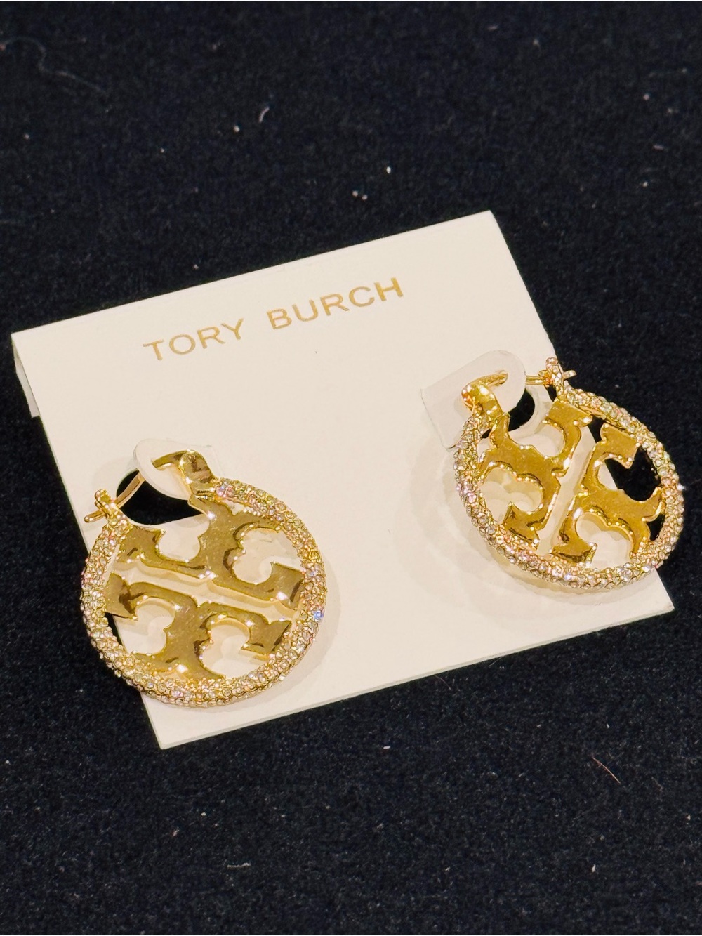 NWT Tory Burch Miller Pavรฉ Logo Hoop Earrings Gold Tone